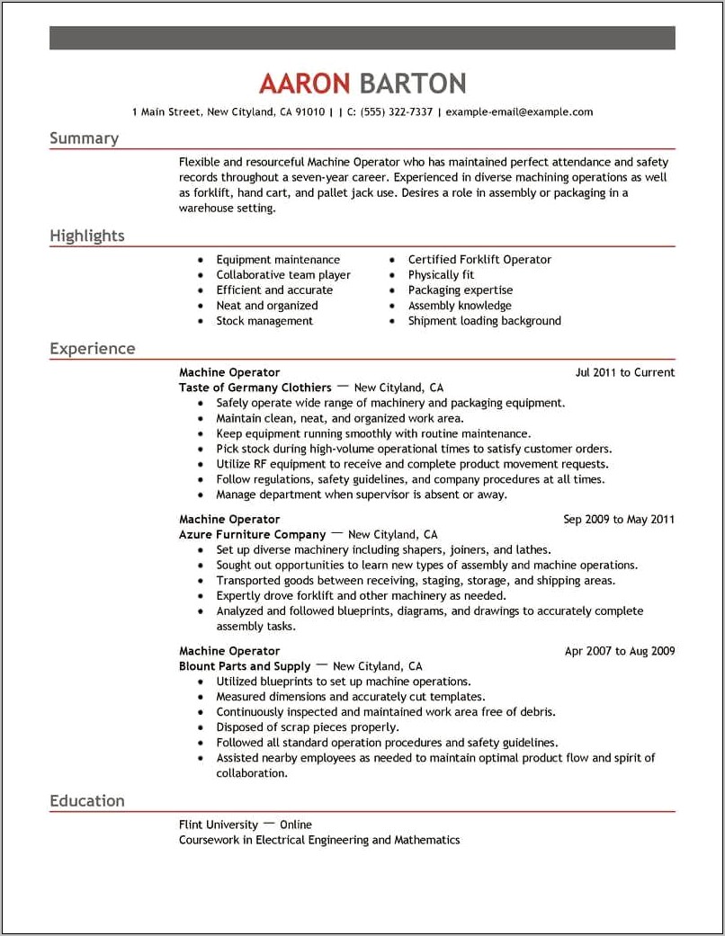 Resume De Machine Operator Job Description