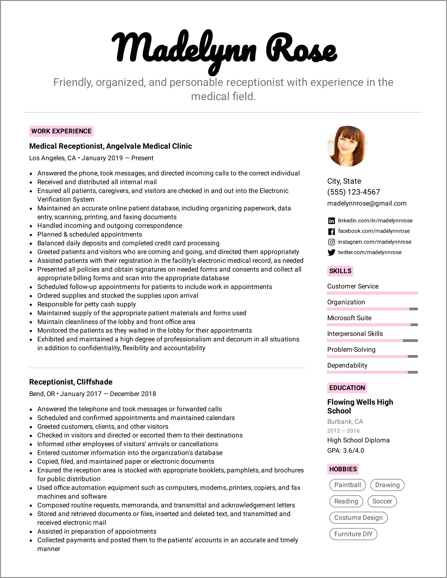 Resume Description Examples To Be A Receptionist