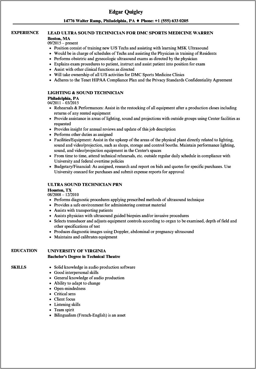 Resume Description Examples Voice Recording Technician