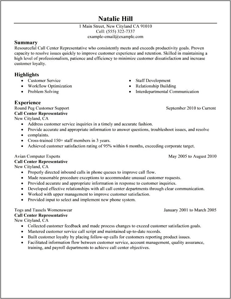 Resume Description For A Call Center Agent