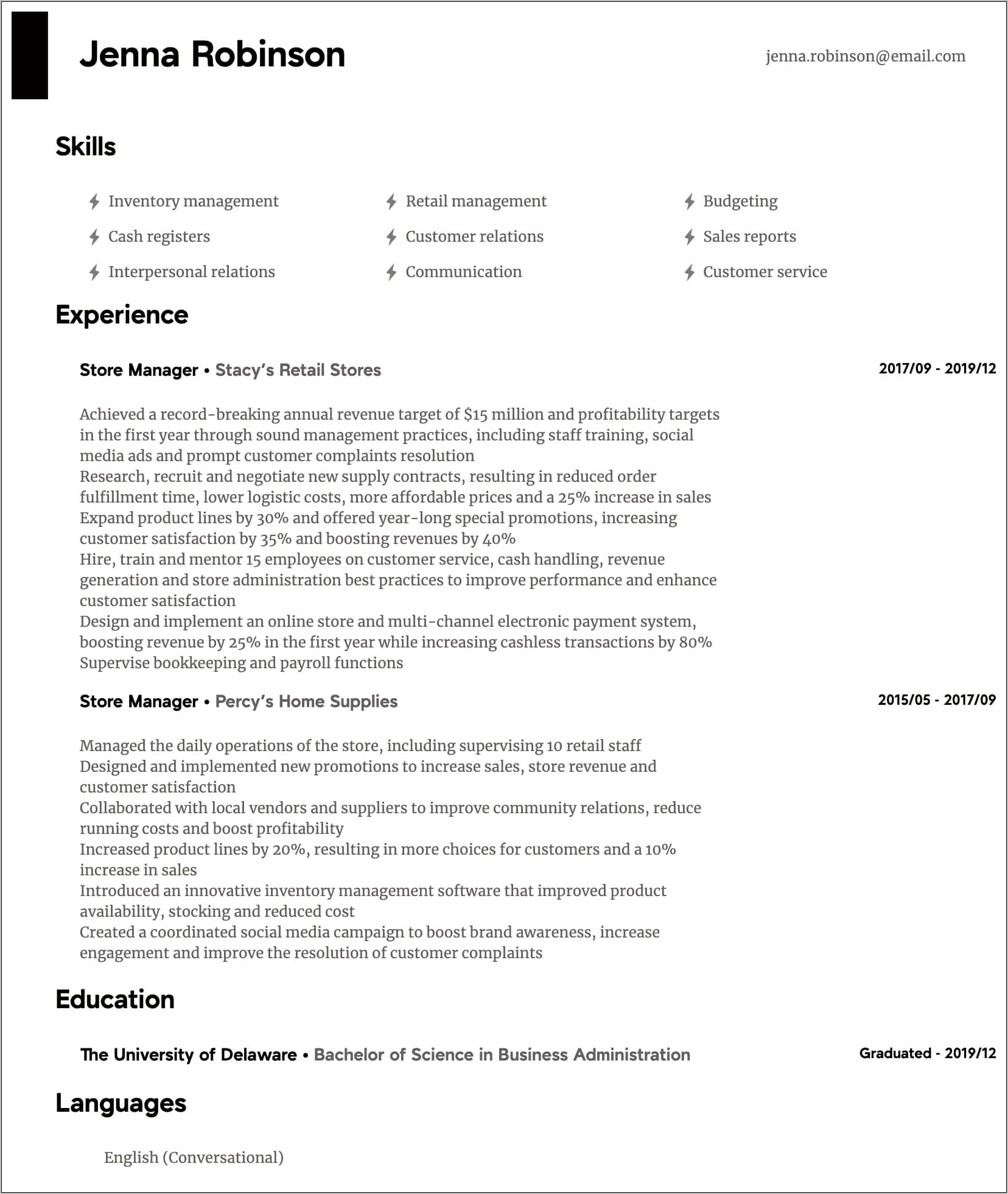Resume Description For A Store Manager