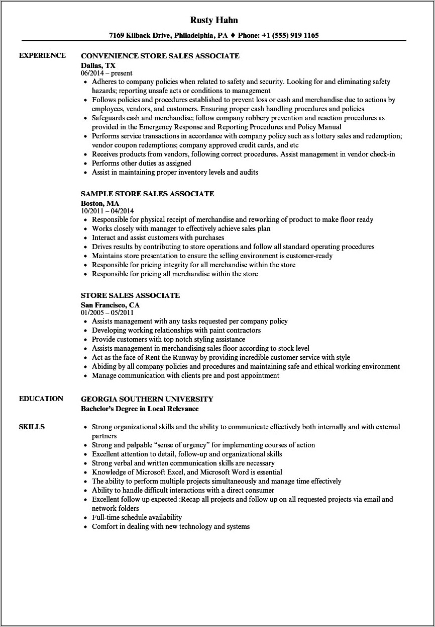 Resume Description For Cashier And Sales Associate