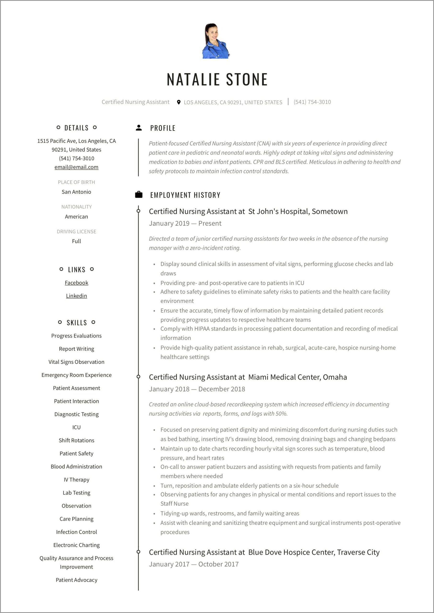 Resume Description For Certified Nursing Assistant