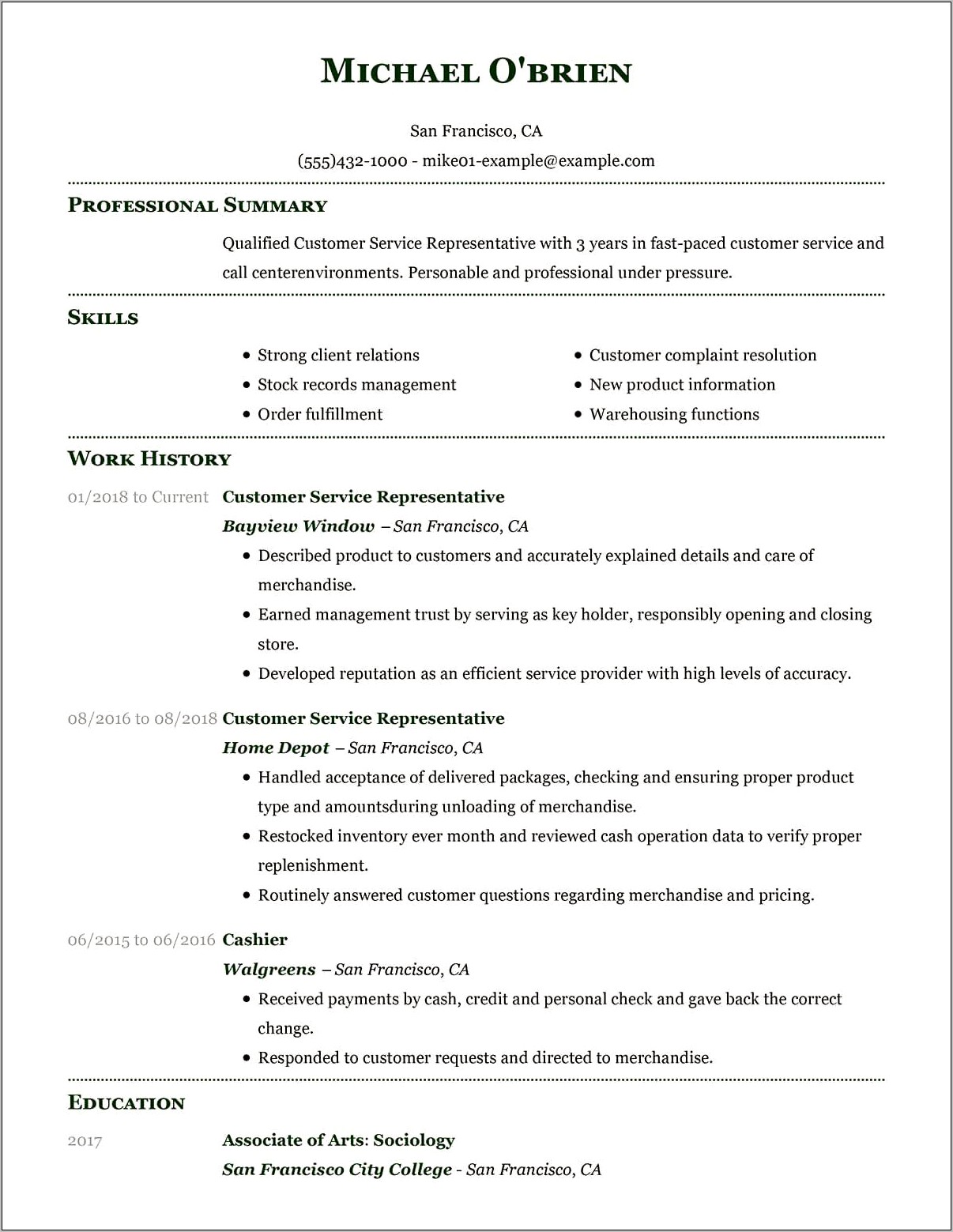 Resume Description For Customer Service Rep
