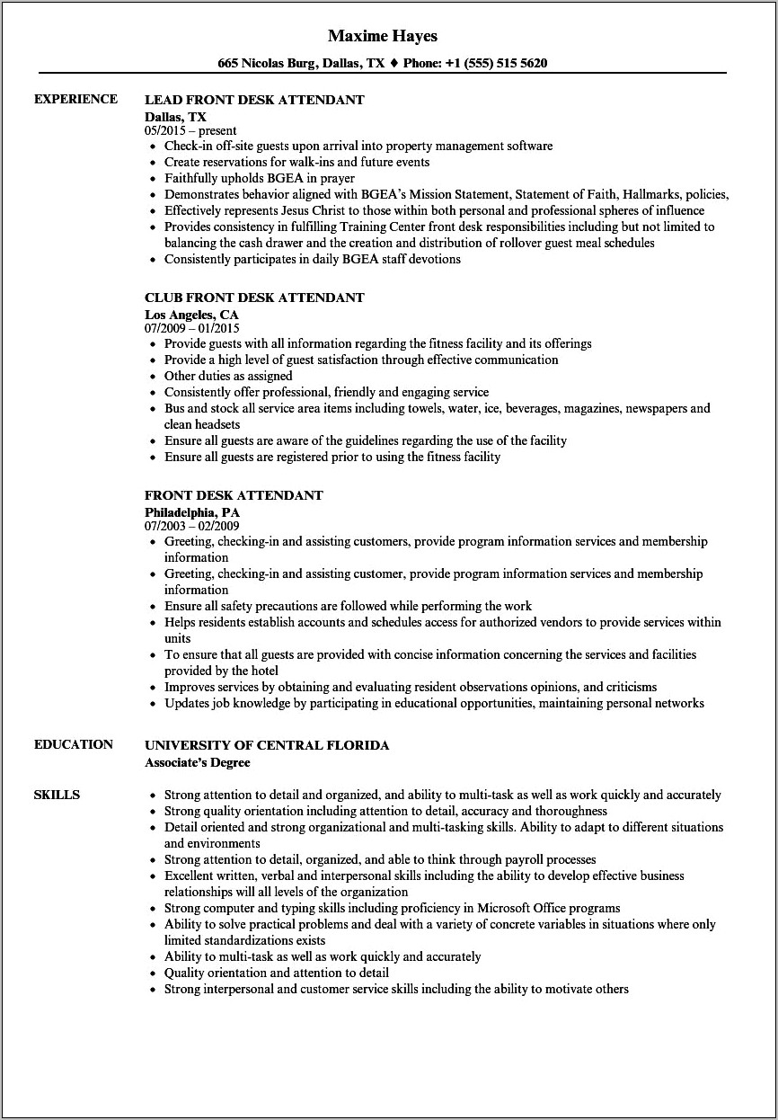 Resume Description For Front Desk Agent