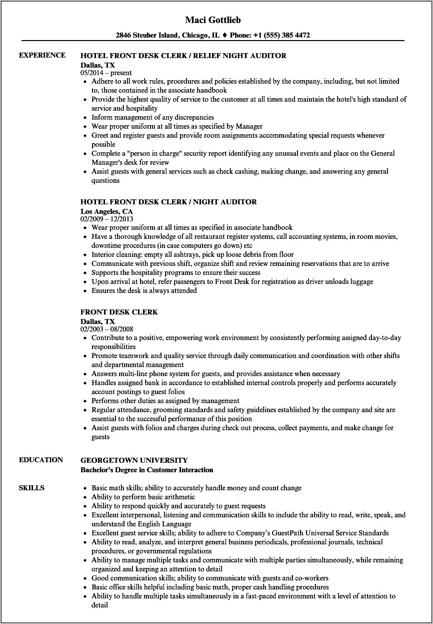 Resume Description For Hotel Front Desk