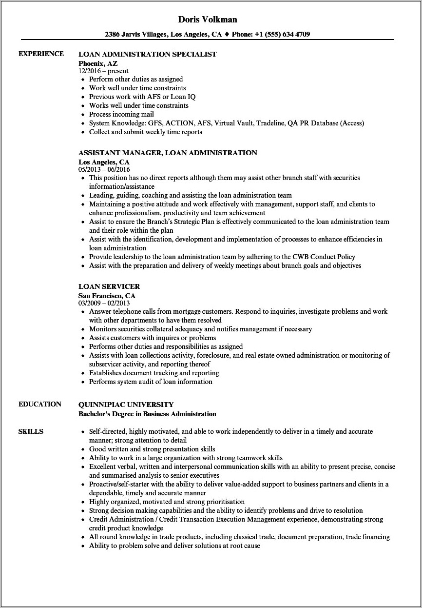 Resume Description For Loan Application Taker