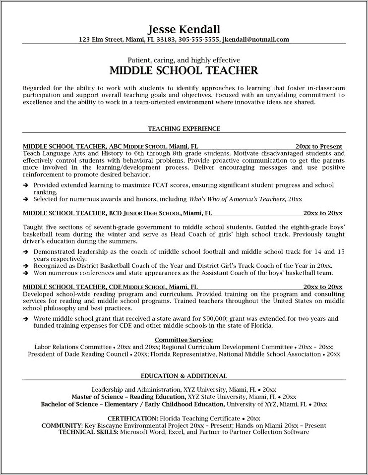 Resume Description For Middle School Teacher