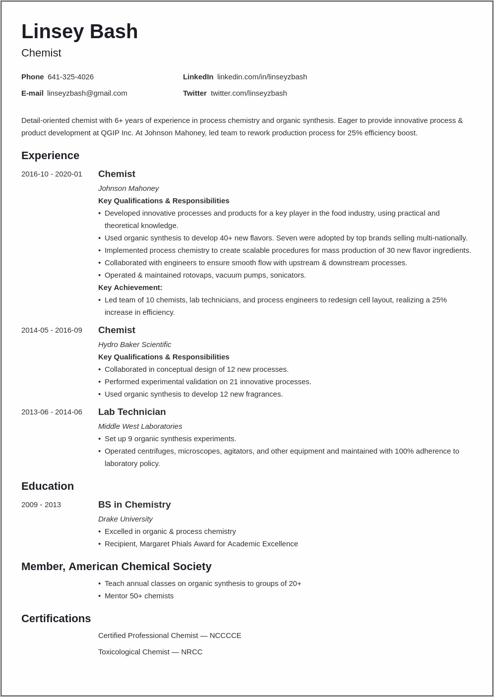 Resume Description For Organic Chemistry Research Assistant