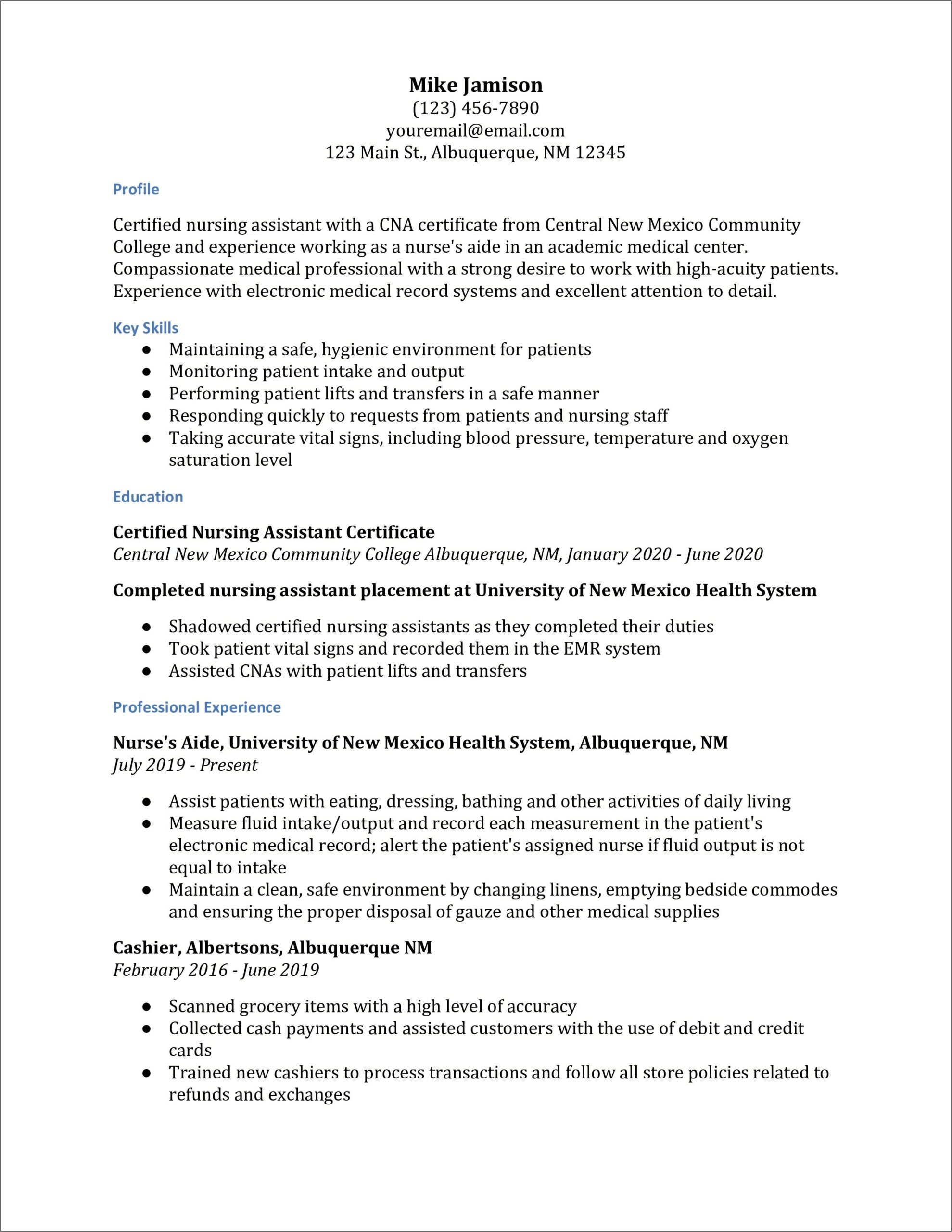 Resume Description For Patient Care Assistant