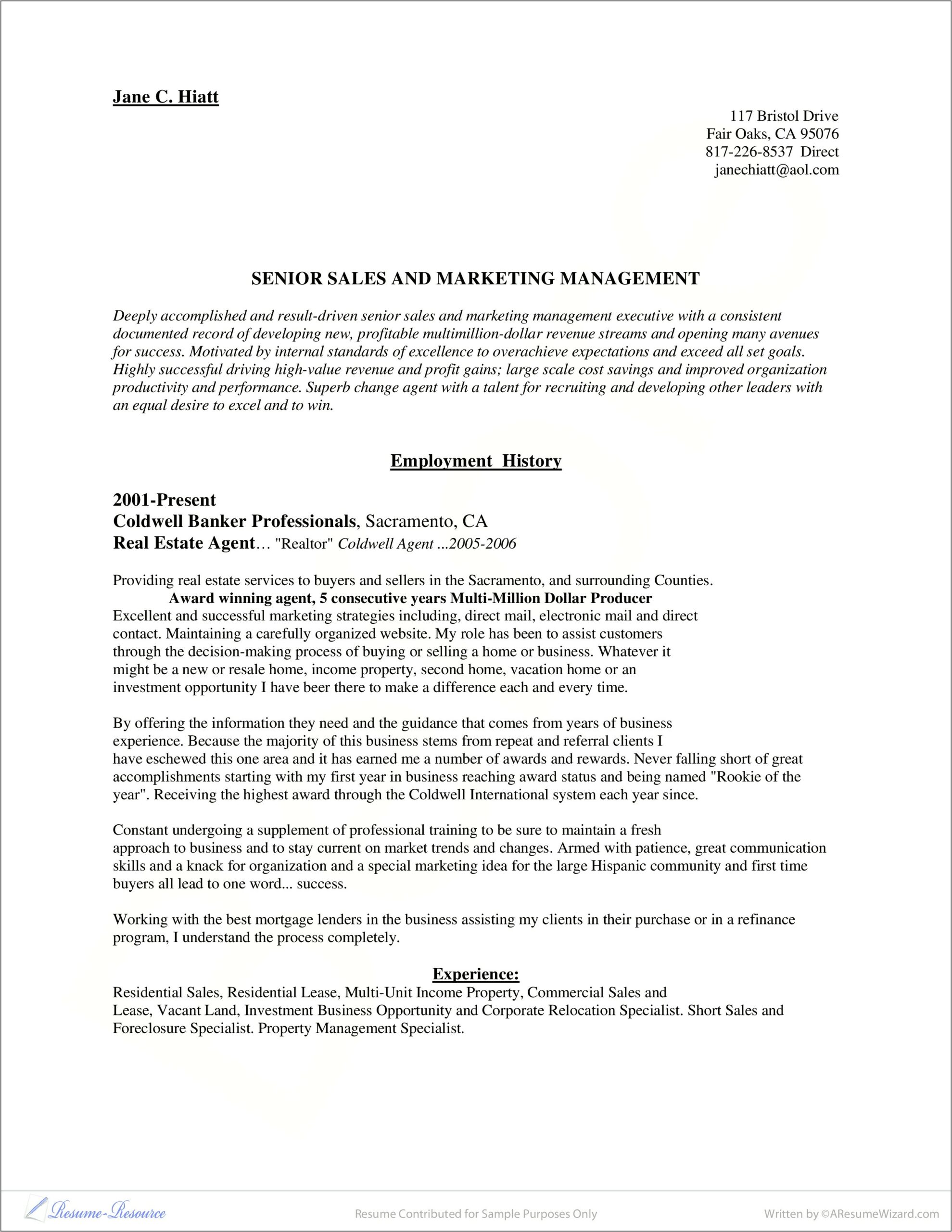 Resume Description For Real Estate Agent Marketng