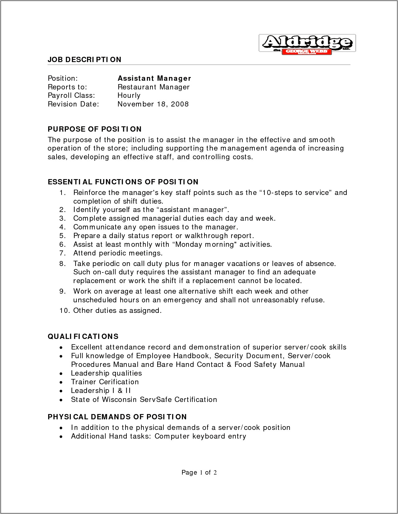 Resume Description For Restaurant Assistant Manager