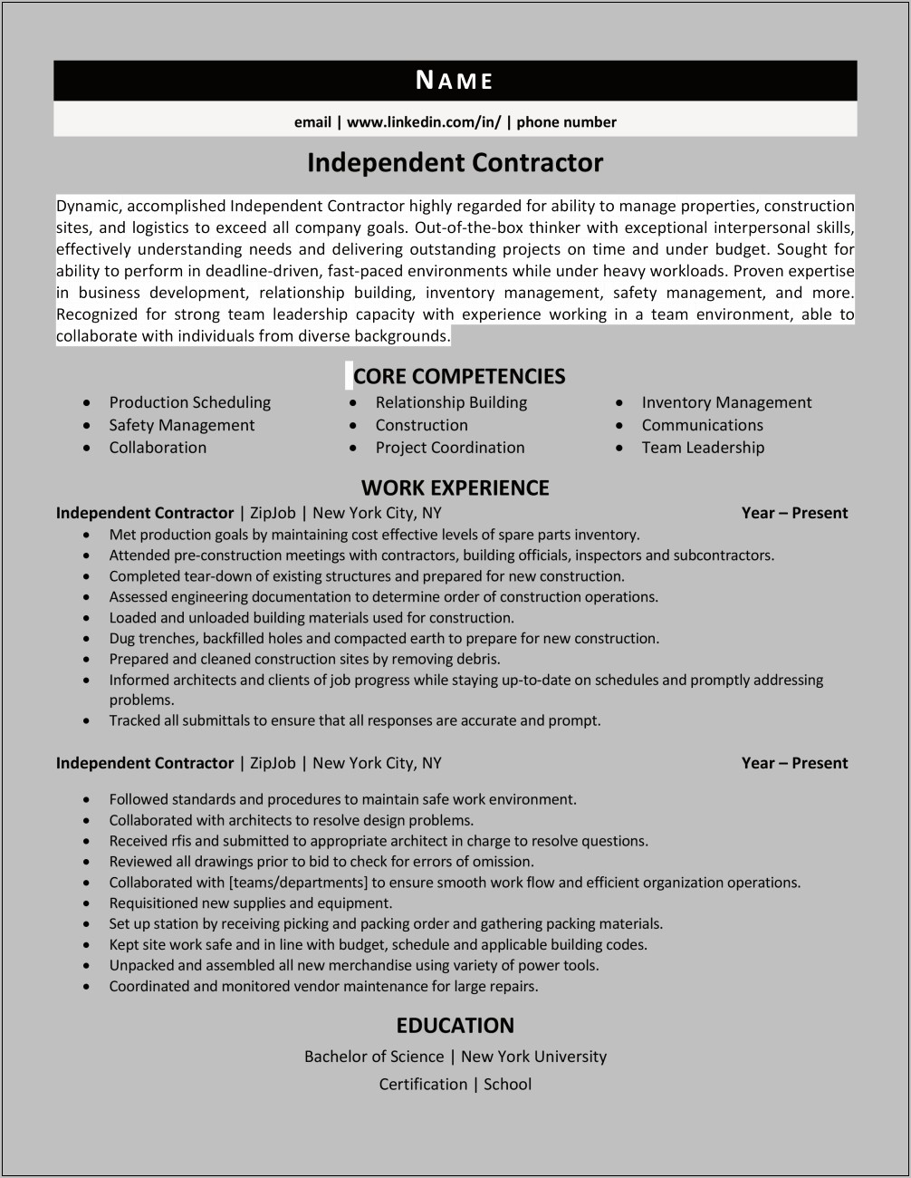 Resume Description For Self Employed Contractor