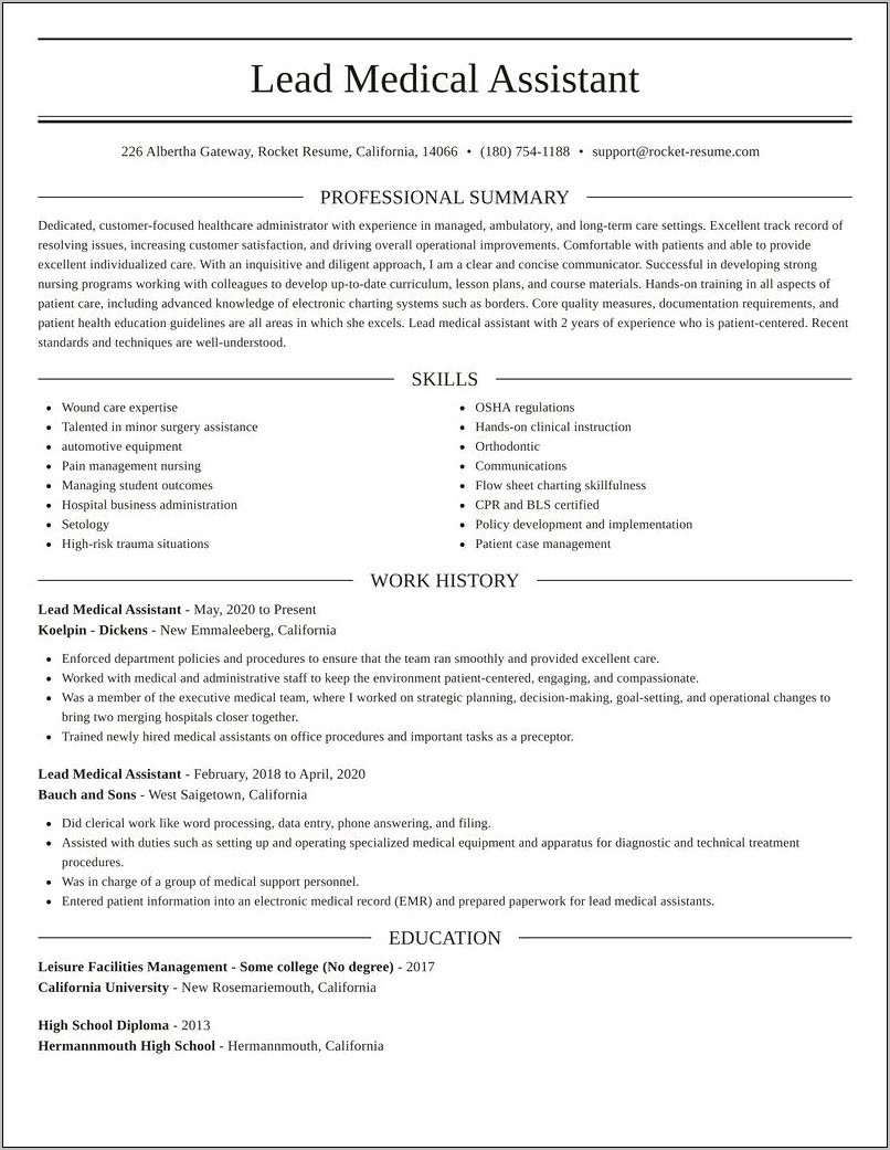 Resume Description Of An Advanced Medical Support Assistant