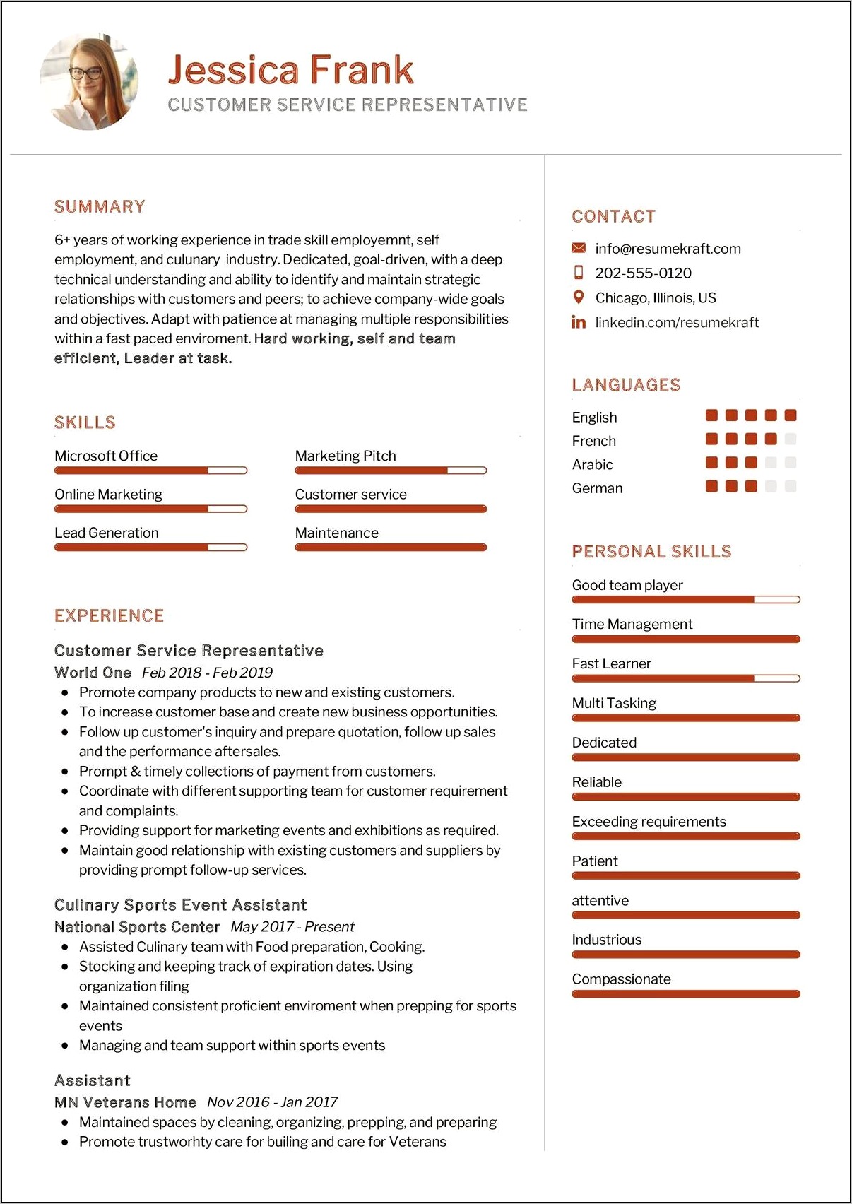 Resume Description Of Customer Service Representative