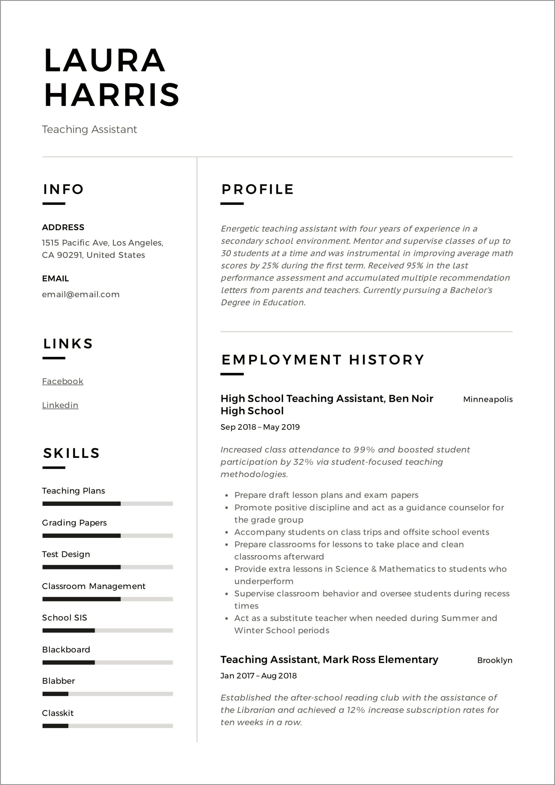 Resume Description Of Jobs Teachers Assistant