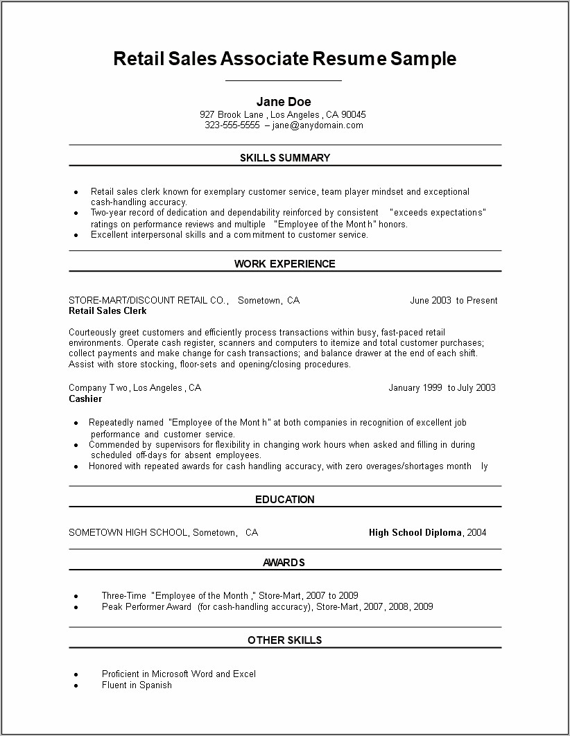 Resume Description Of Retail Sales Associate