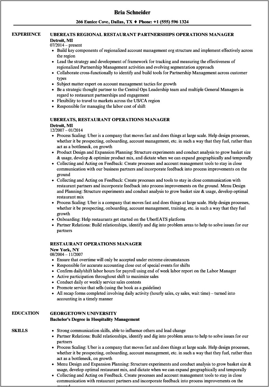 Resume Description Restaurant General Manager