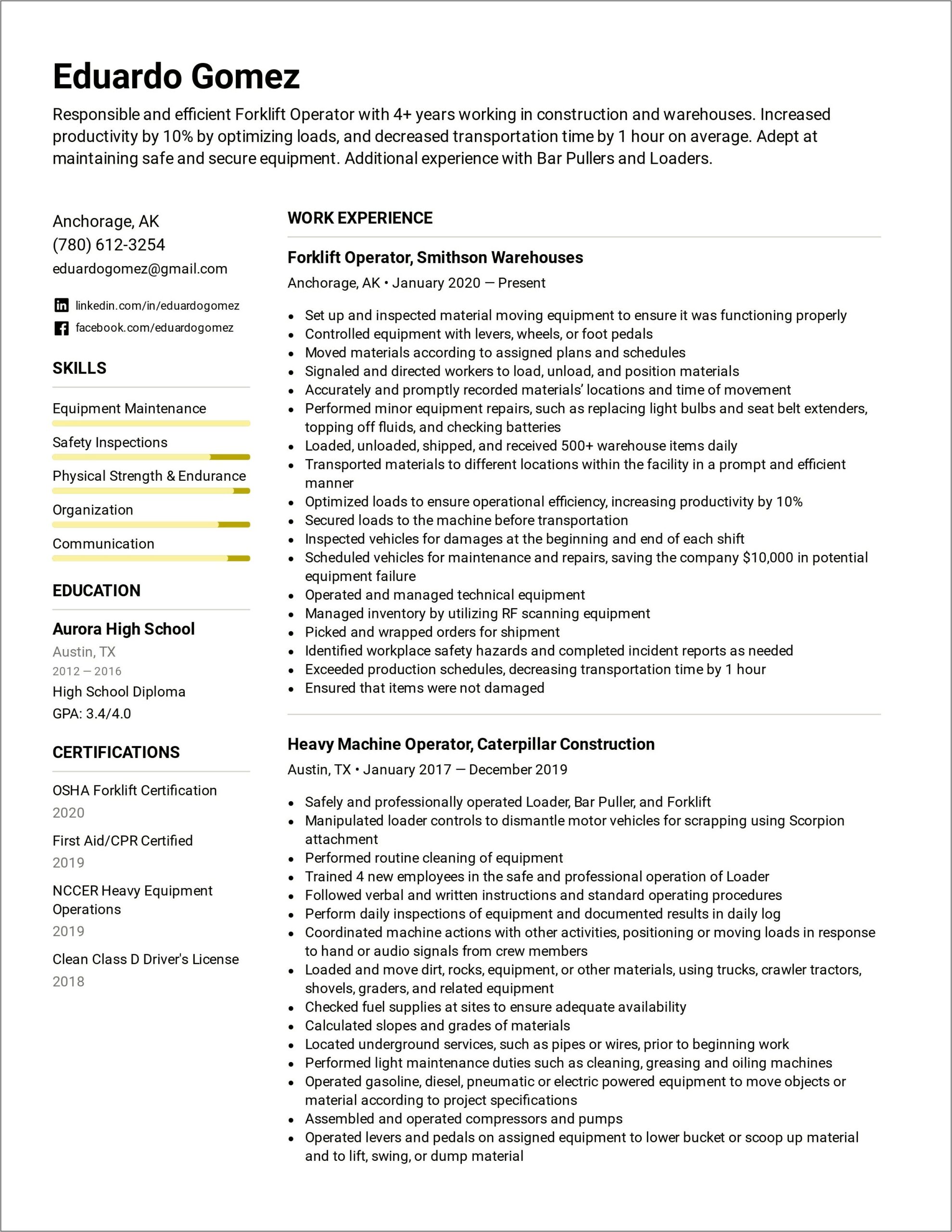 Resume Driver Forklift And Order Picker Examples