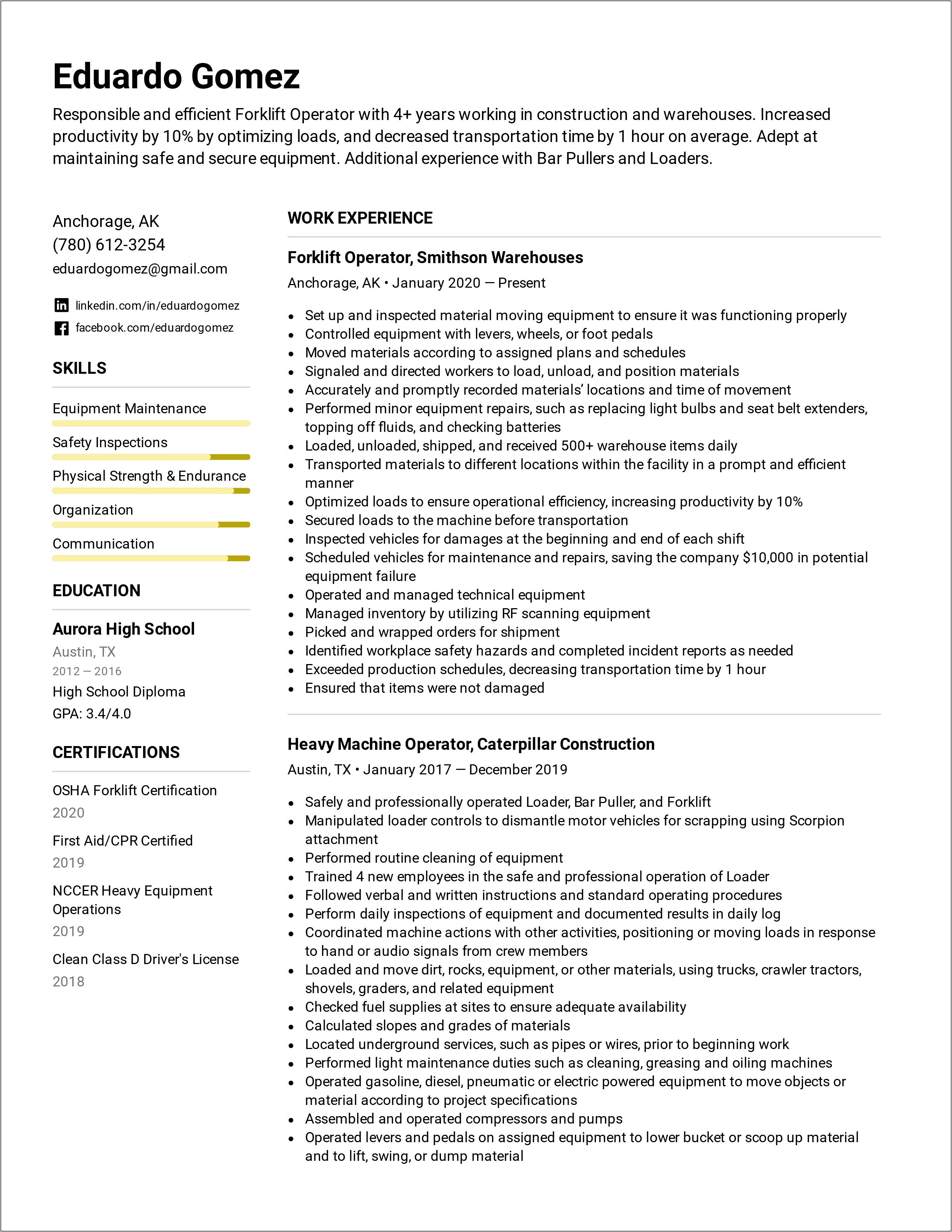 Resume Driver Forklift And Order Picker Examples