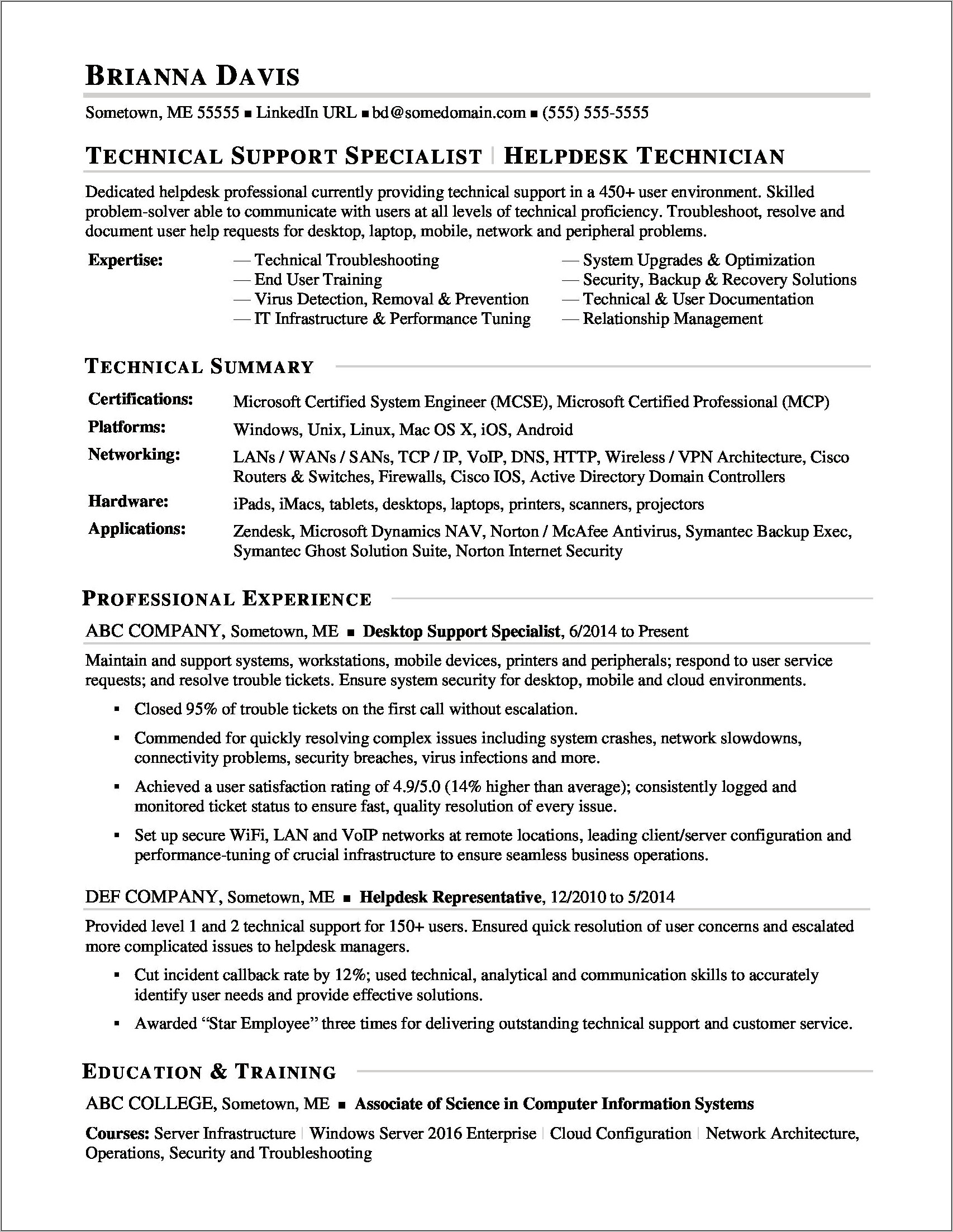 Resume Education Technician Education Or Experience First
