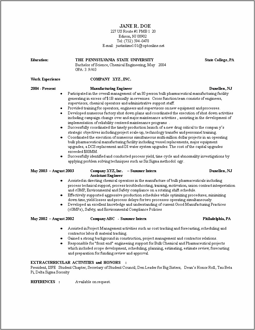 Resume Engineering Project Manager Student