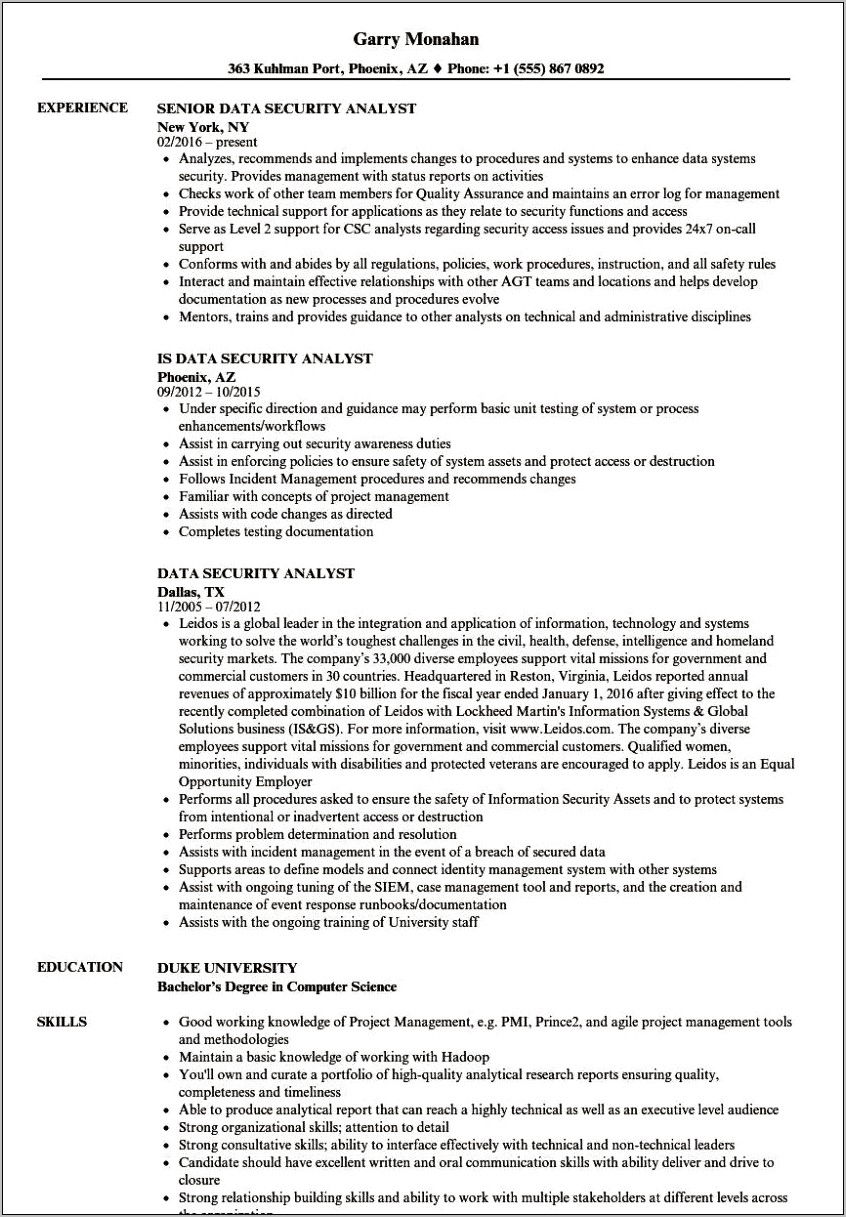Resume Example For A Cyber Secuirty Person
