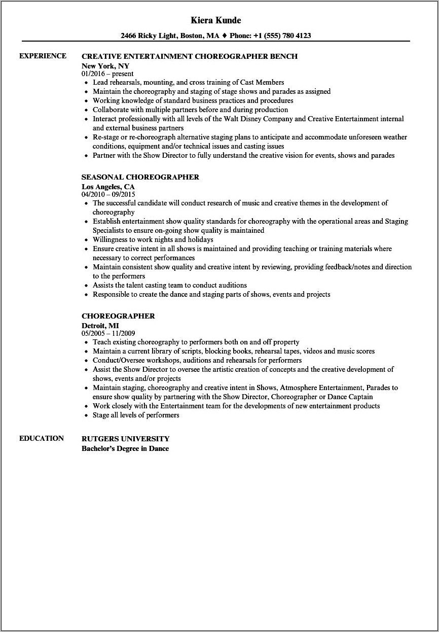 Resume Example For A Dancer