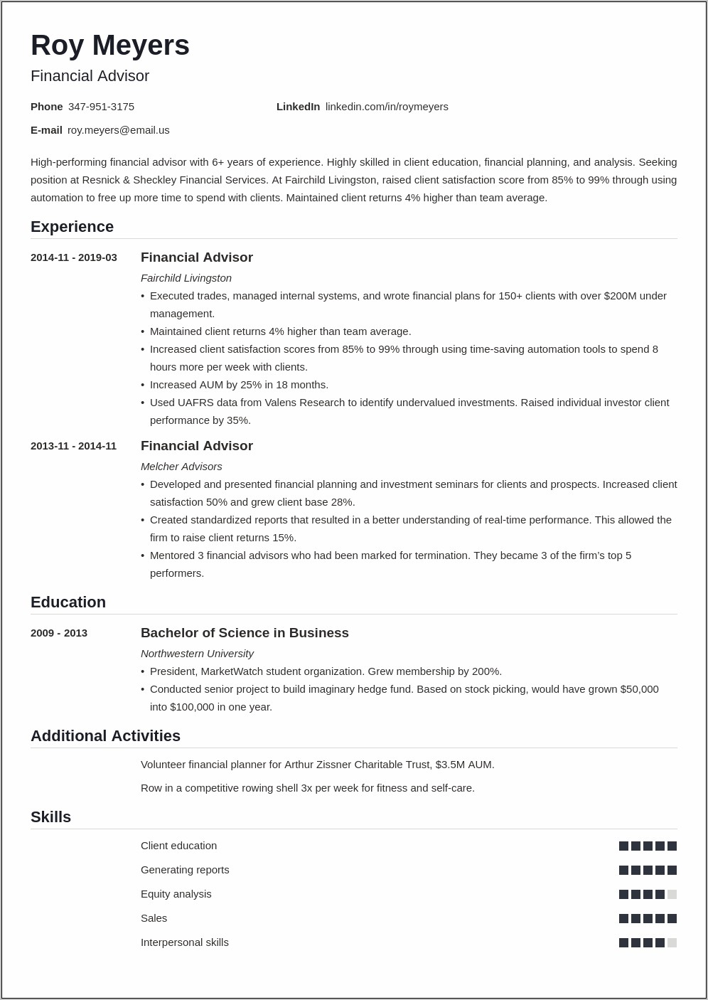 Resume Example For A Financial Advisor Objective