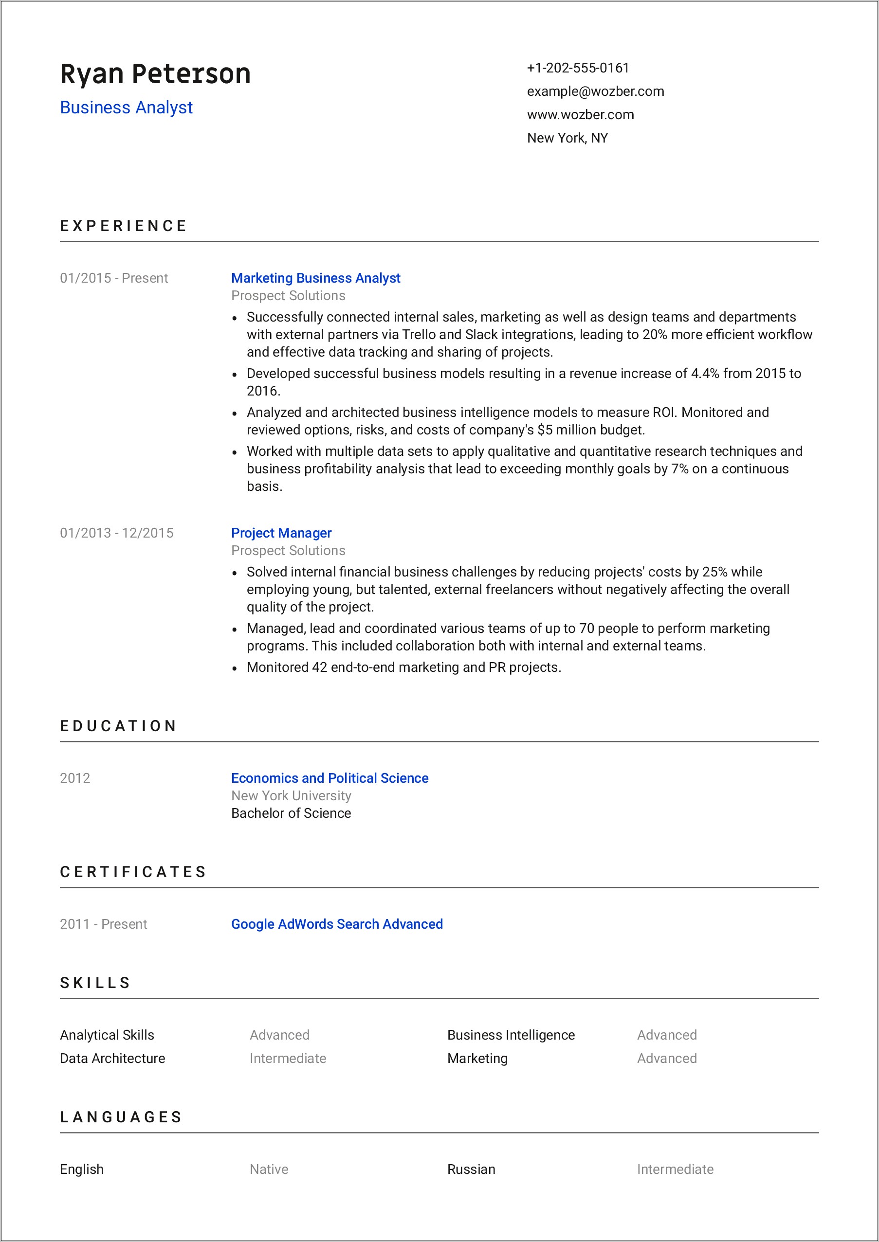 Resume Example For An Analyst Job