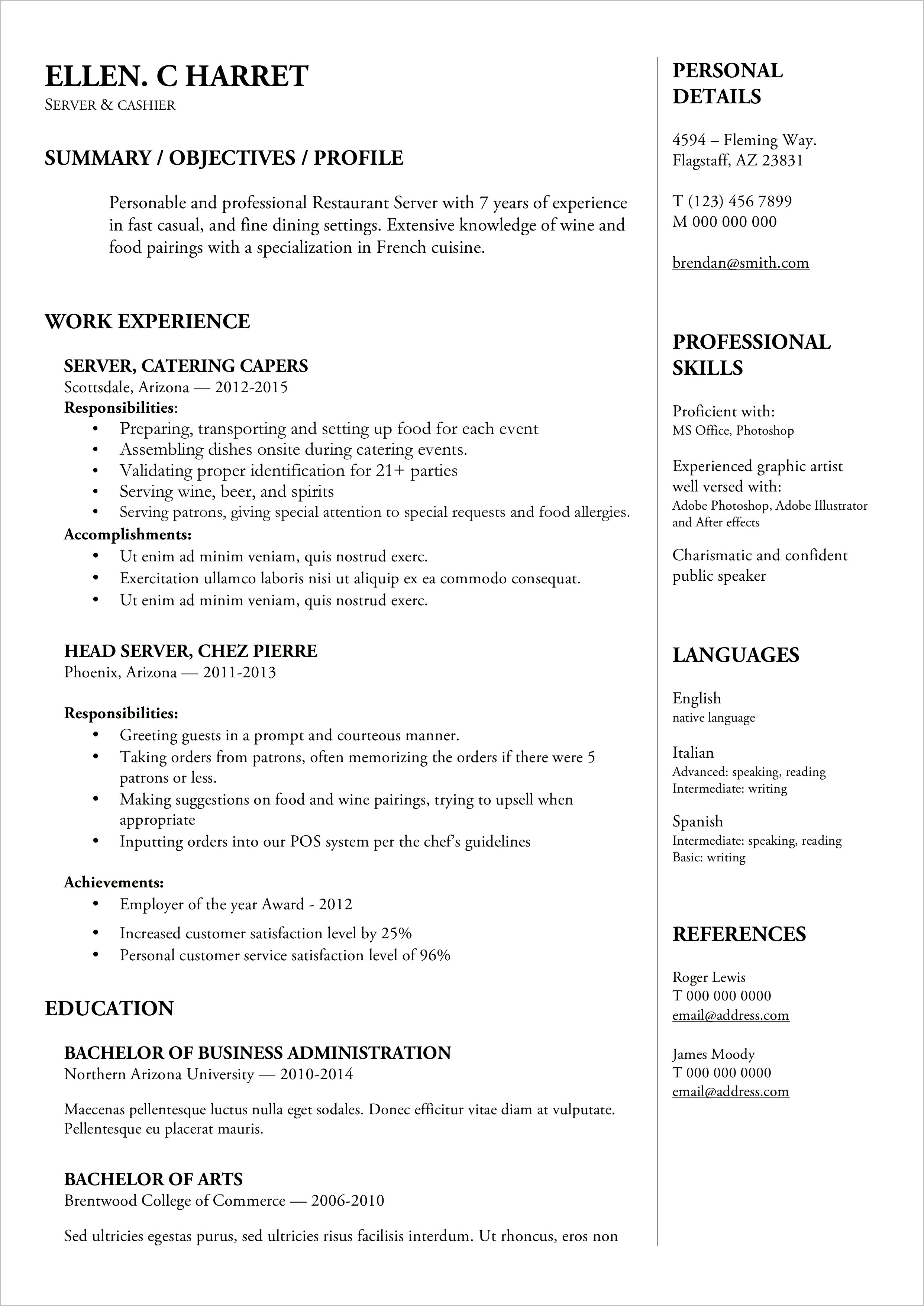 Resume Example For Applying To A Server Position