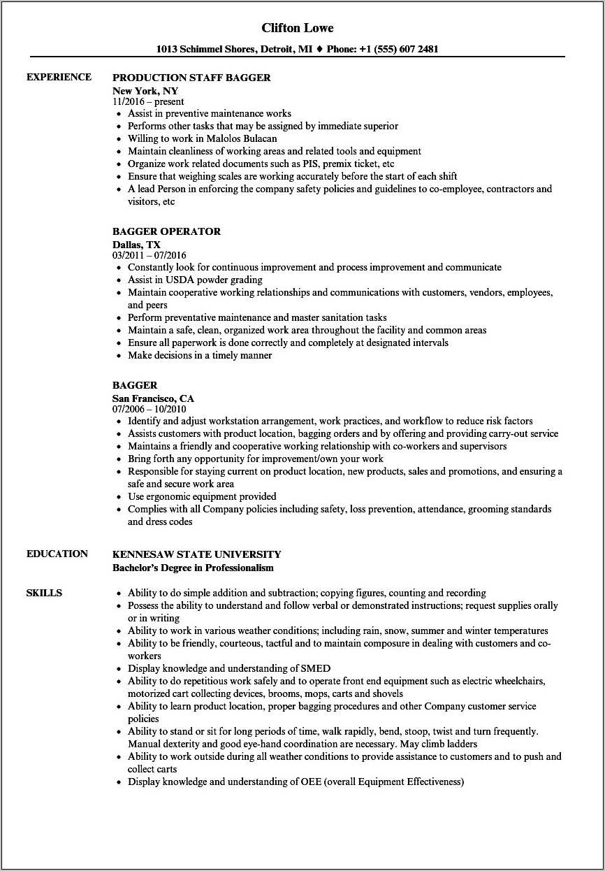 Resume Example For Bagger At Grocery Store