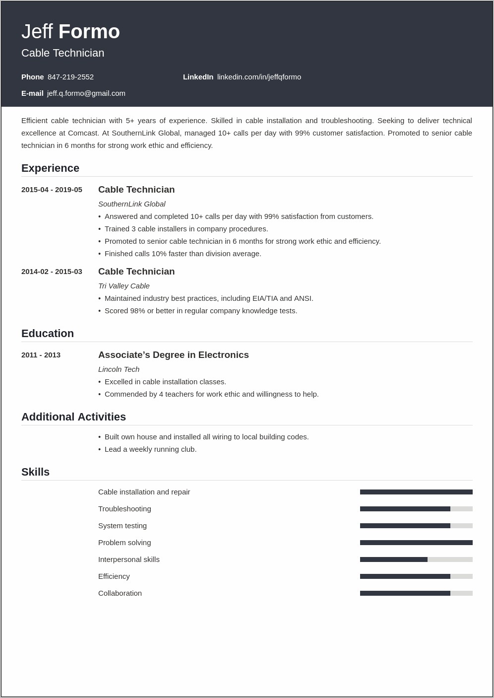 Resume Example For Cable Company Customer Service Rep