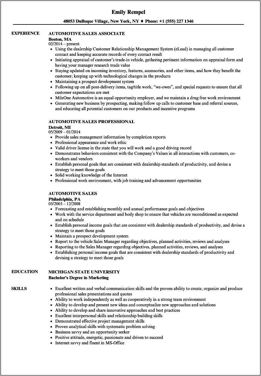 Resume Example For Car Sales Consultant
