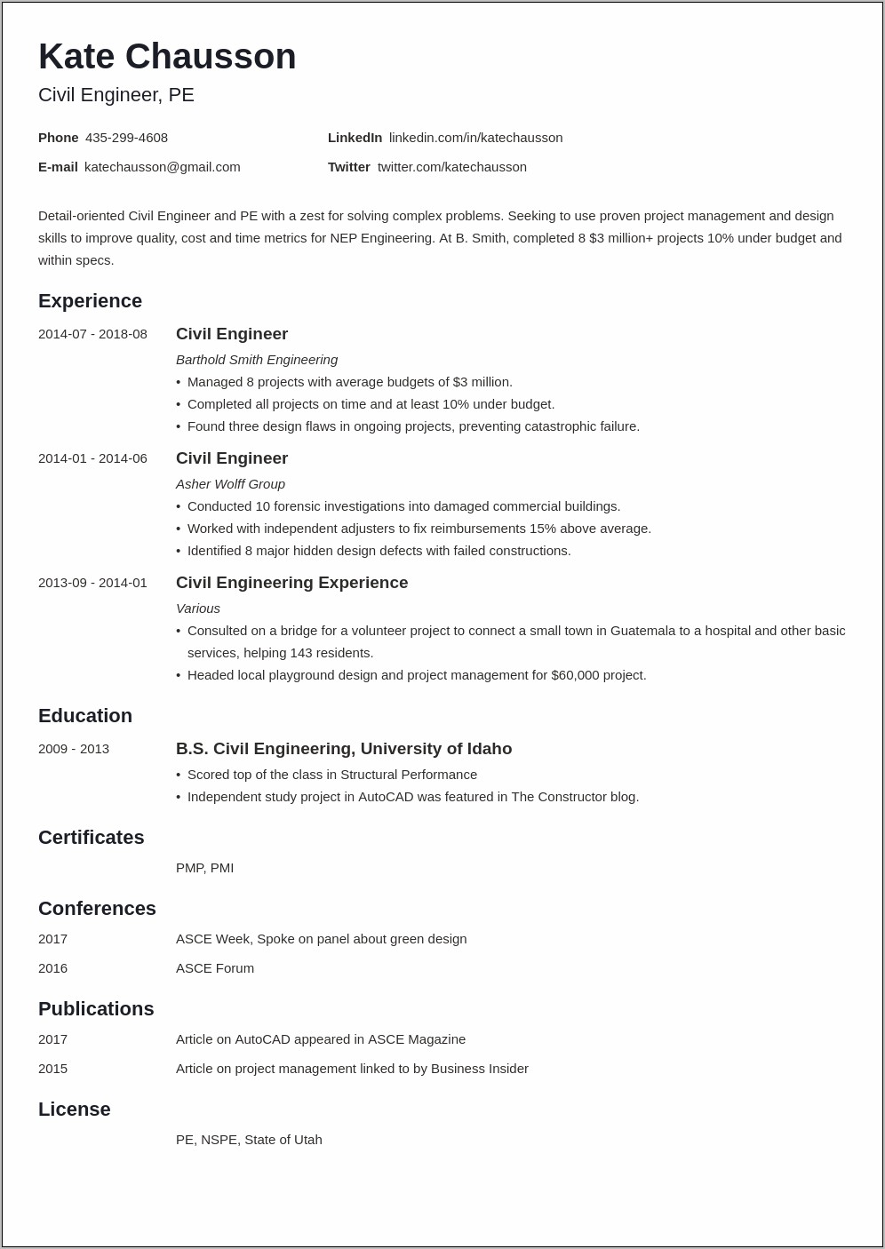 Resume Example For Civil Engineering Student