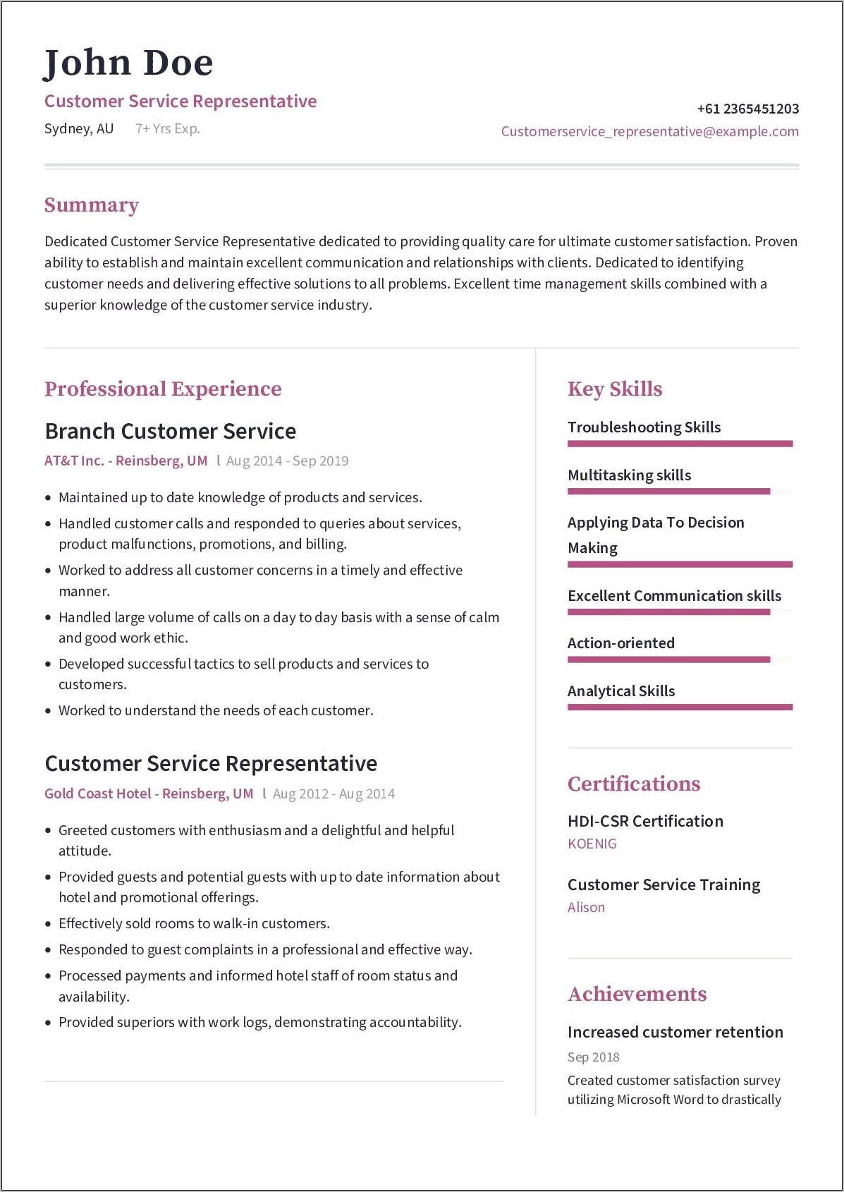 Resume Example For Customer Service Associate