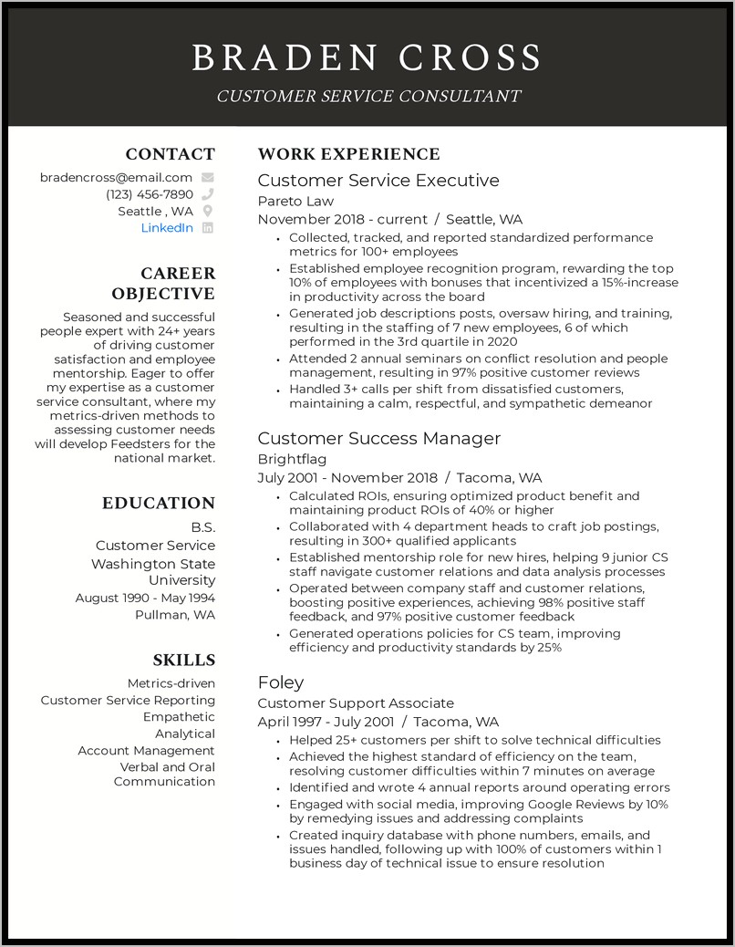 Resume Example For Customer Service Objective