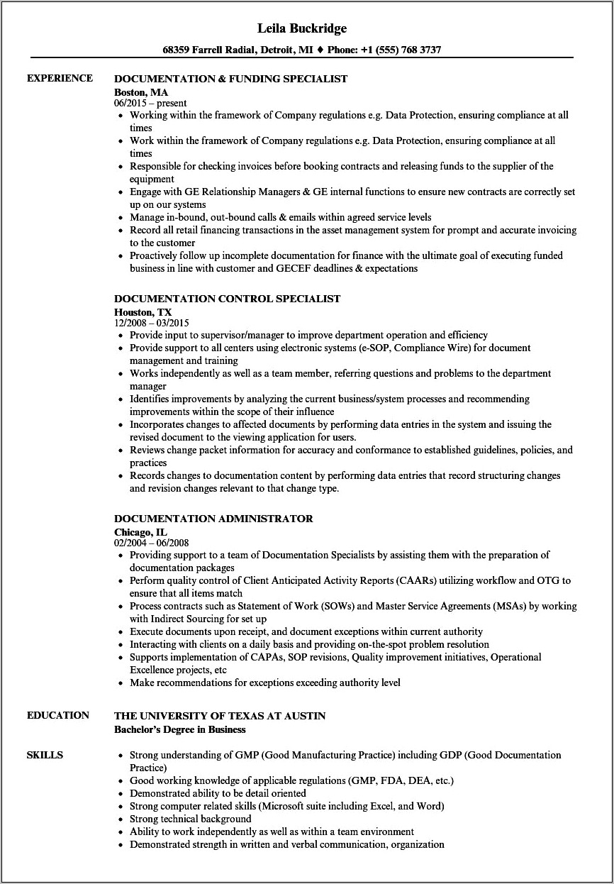 Resume Example For Document Processing Specialist For Integreon