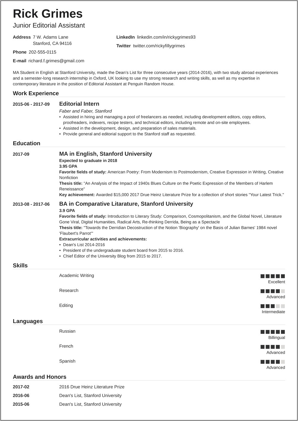 Resume Example For Entry Level Professional