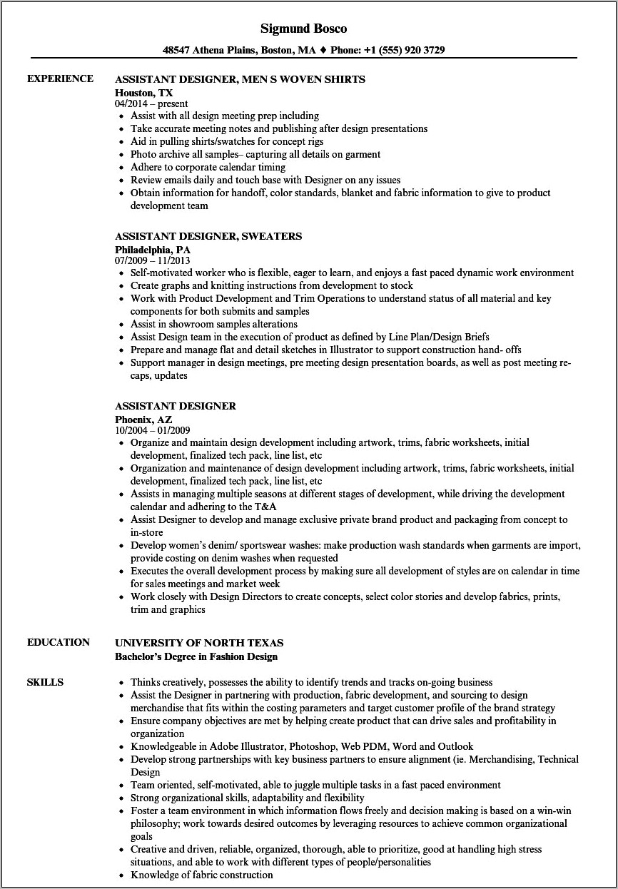 Resume Example For Fashion Designers