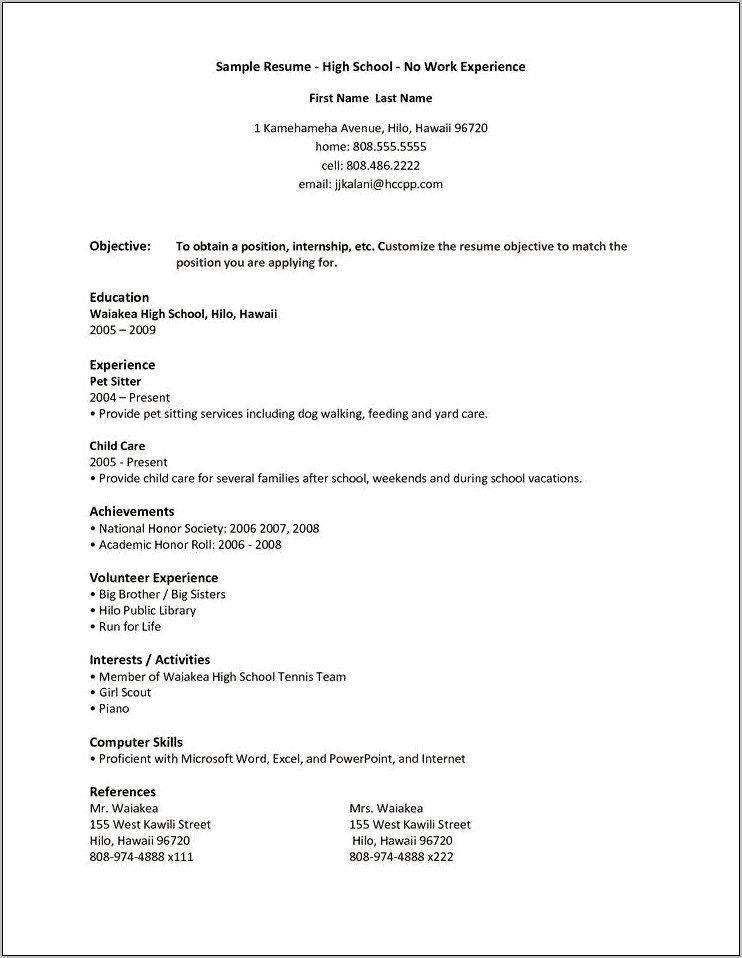 Resume Example For First Job In High School