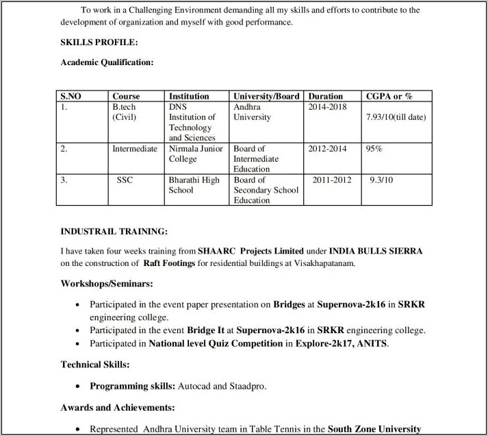Resume Example For Freshers Engineers