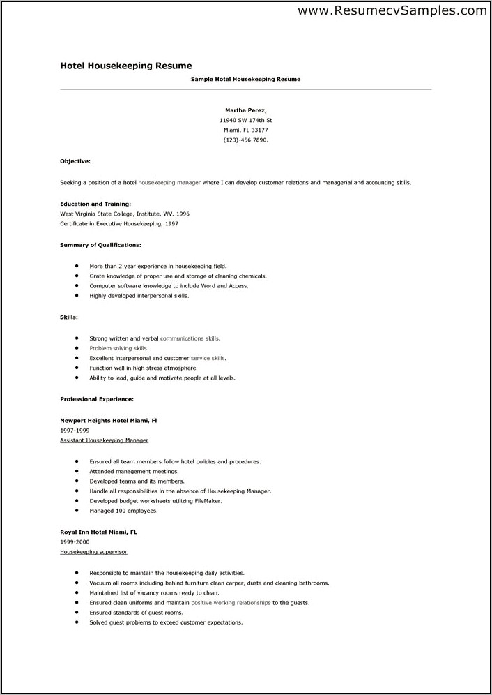 Resume Example For Hotel Worker