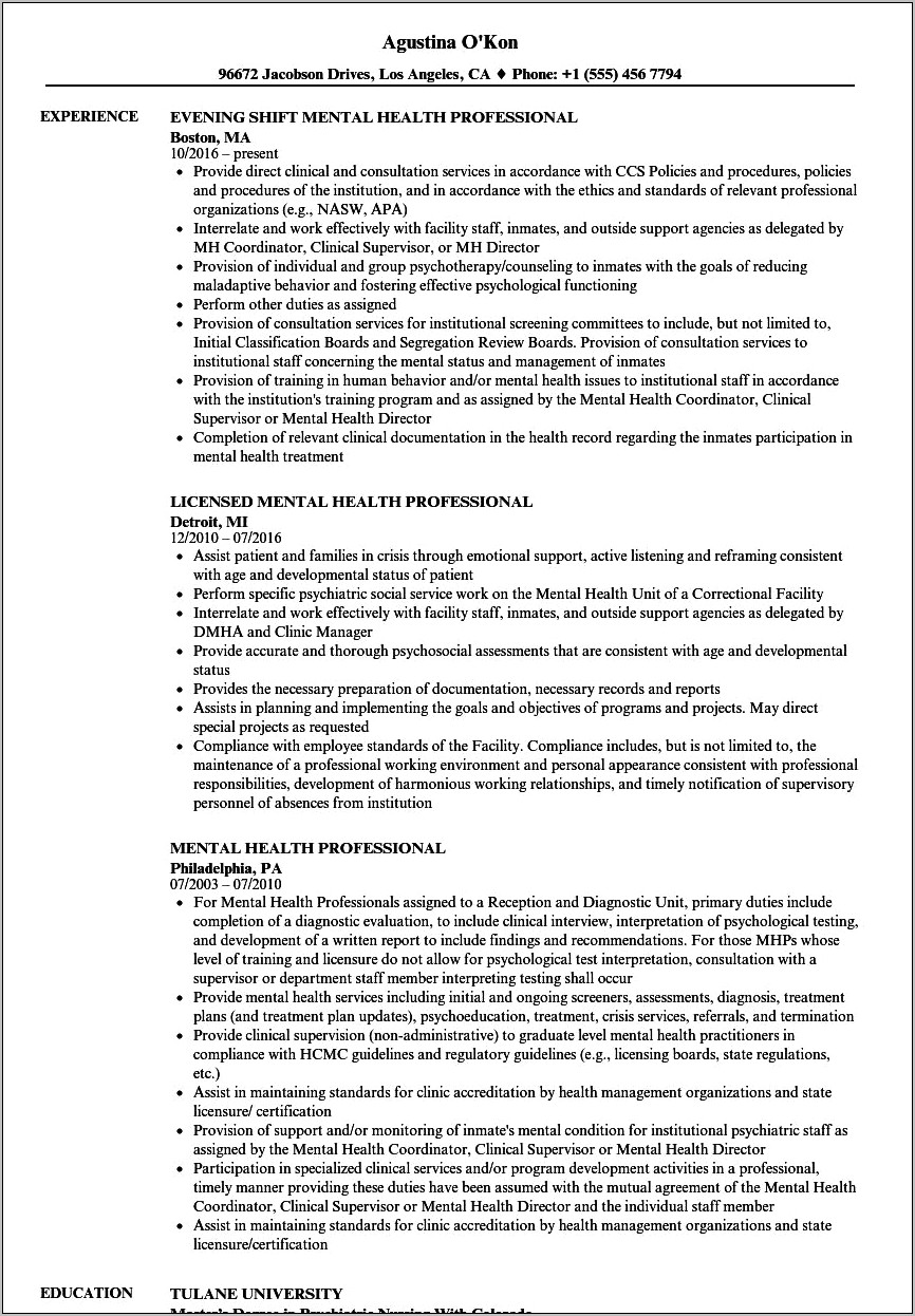 Resume Example For Mental Health Lcsw