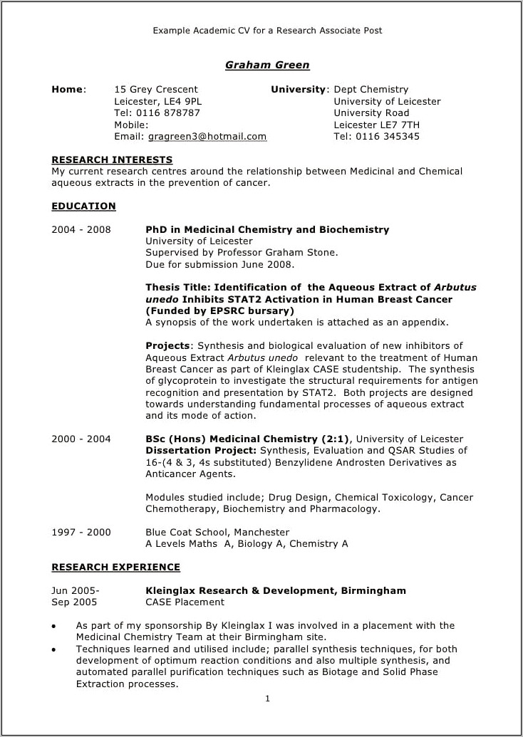 Resume Example For Postdoc Industry