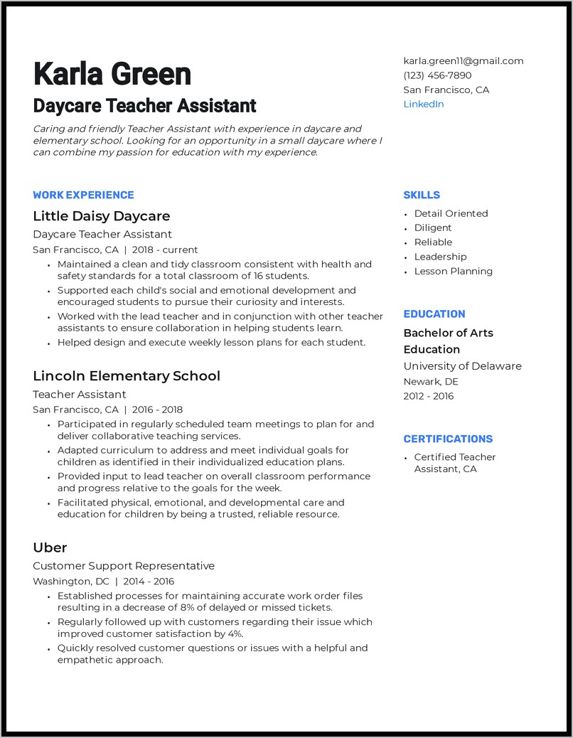 Resume Example For Pre Kindergarten Teacher Assistant