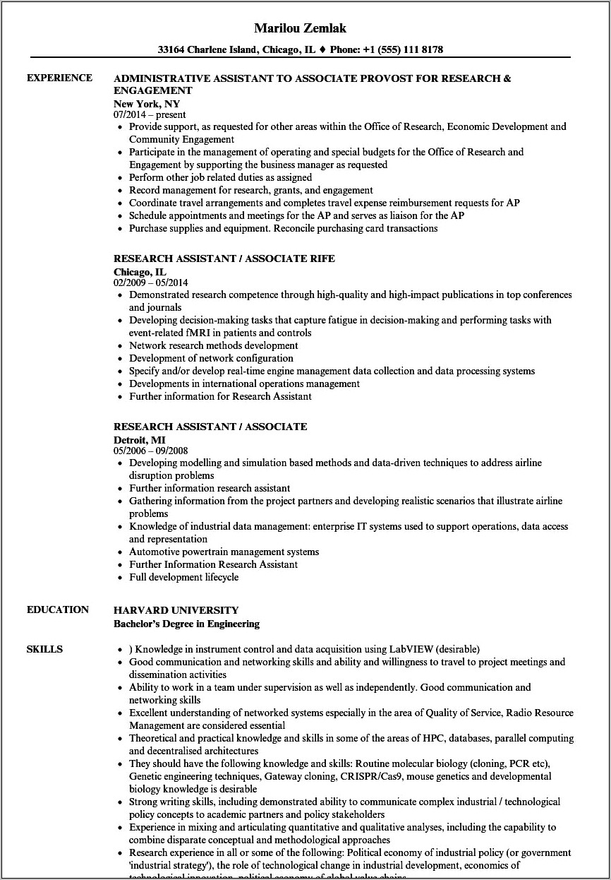 Resume Example For Research Assistant Job