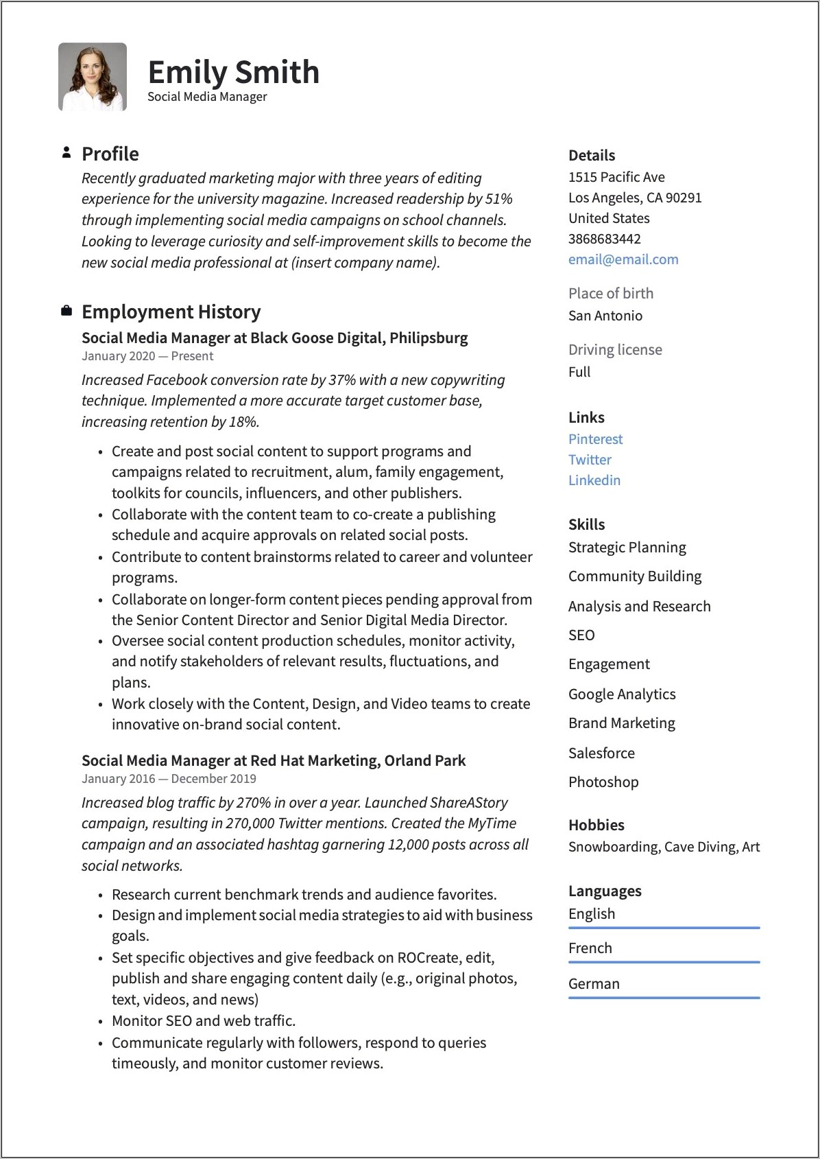 Resume Example For Social Media Manager