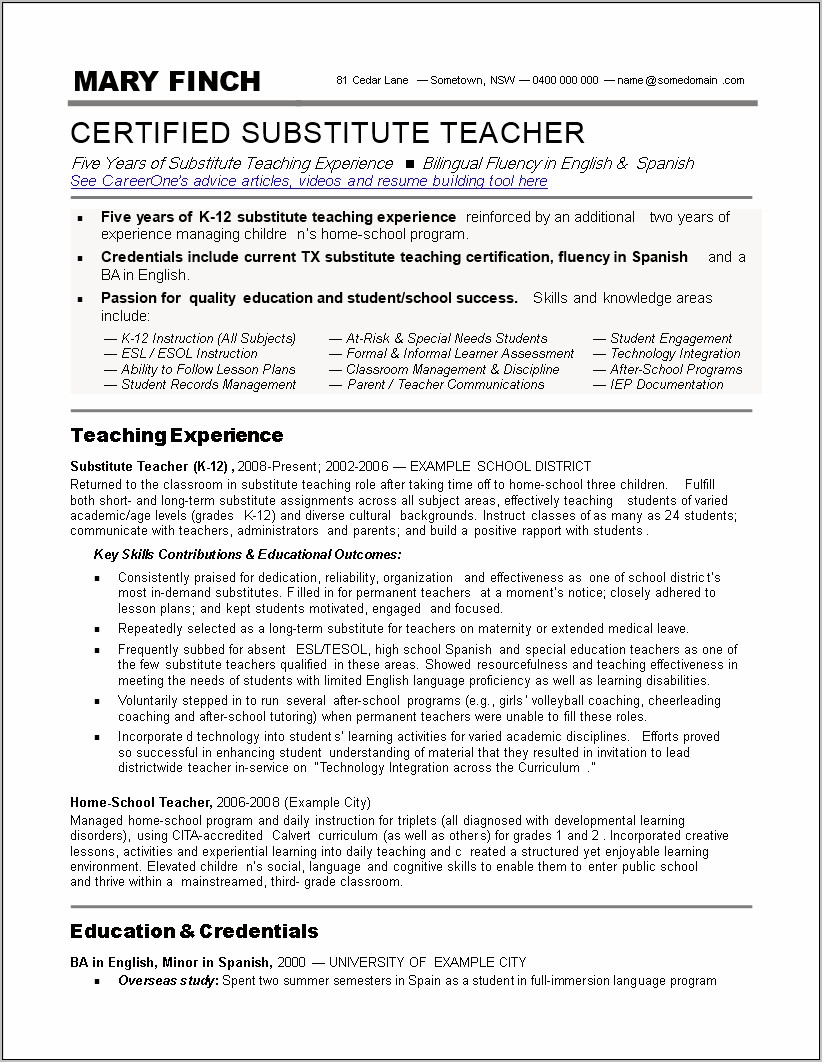 Resume Example For Substitute Teacher