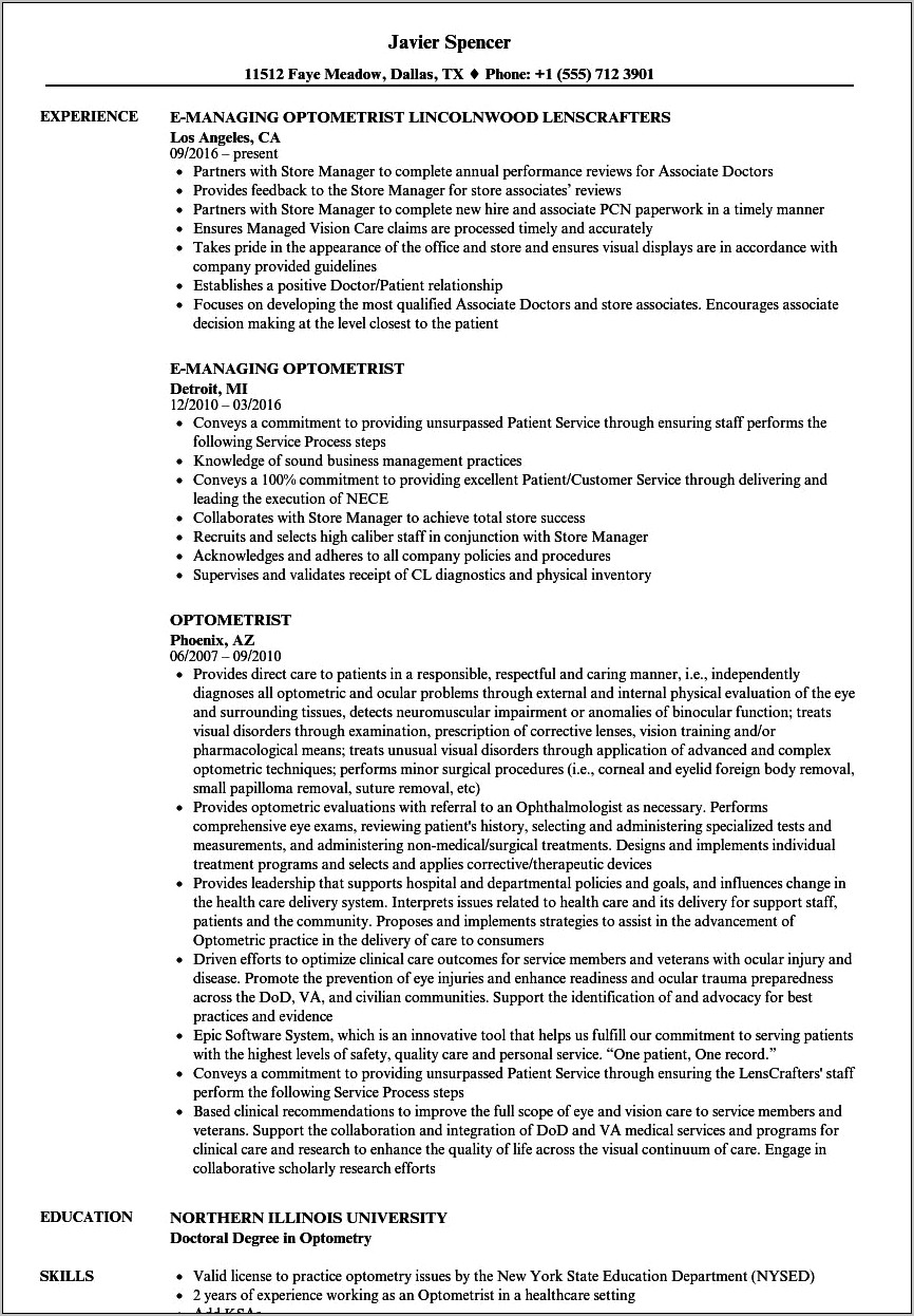 Resume Example For Working In Ophthalmologist Clinic Experience